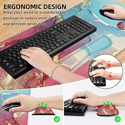 LATEEFAH Large Mouse Pad and Keyboard Wrist Rest, Desk Pad for Keyboard and Mouse, Extended Gaming Mouse Pad with Wrist Support, Waterproof Non-Slip Desk Mouse Mat for Office, Home - color: 4Pcs-Blue & Red Marble