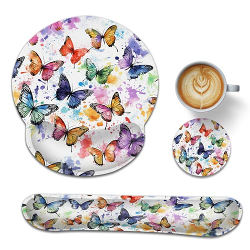 Wrist Rest Mouse Pad and Keyboard Support Set,Colorful Butterfly 3 in 1 Ergonomic Memory Foam Mousepad with Non Slip Base, Gaming Mouse Pad for Office and Home - color: Colorful Butterfly