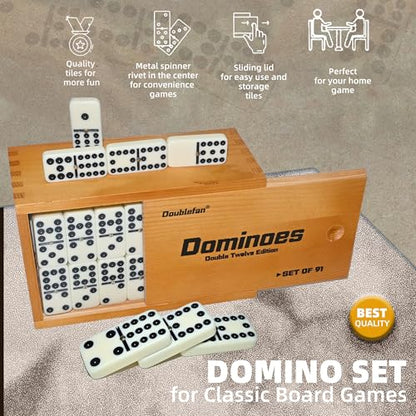 Doublefan Double 12 Dominoes for Adults, 91 Tiles with Prime Wood Case | For 2-8 players,91 Ivory Domino tiles, Metal spinners, portable wood case, family game, board game, Parent Gift choice - style: Double Twelve