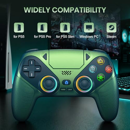 Xexvyrin LED Wireless Controller for PS5, Compatible with PS5 Pro/Slim/PC, Dual Vibration, Macro/Turbo Function, 3.5mm Audio Jack,1000mAh Battery, 6-Axis Motion Control Gamepad with Speaker（Black） (Vibrant Green) - color: Vibrant Green