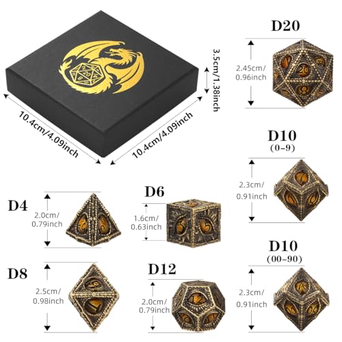 Metal Dice Set, Dragon Eye Theme, 7pcs Polyhedral Metal DND Dice Set, DND Starter Set, D&D Gifts with Gift Box, Role Playing Board Games Accessories, Bronze Amber - color: Bronze Amber With Gift Box