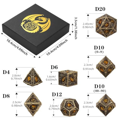 Metal Dice Set, Dragon Eye Theme, 7pcs Polyhedral Metal DND Dice Set, DND Starter Set, D&D Gifts with Gift Box, Role Playing Board Games Accessories, Bronze Amber - color: Bronze Amber With Gift Box