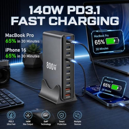 800W USB C Fast Charger Block,Multi-Port USB Charging Station,GaN Ⅲ 140W PD PPS Port Desktop & Cell Phone Charging for Multiple Devices, Compatible w MacBook, iPhone, iPad, HP, etc