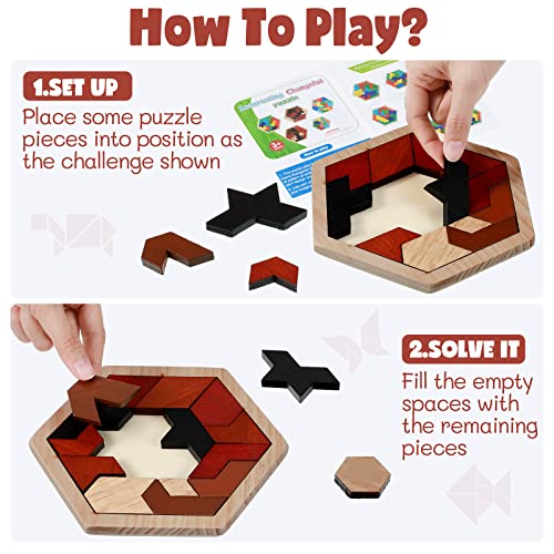 Yunsailing 3 Pack Large Hexagon Tangram Puzzle Wooden Brain Puzzles for Adult Challenge Wood Russian Blocks Brain Teasers Geometric Jigsaw Block Logic Iq Stem Family Graduation Gifts(Vintage) - style: Retro
