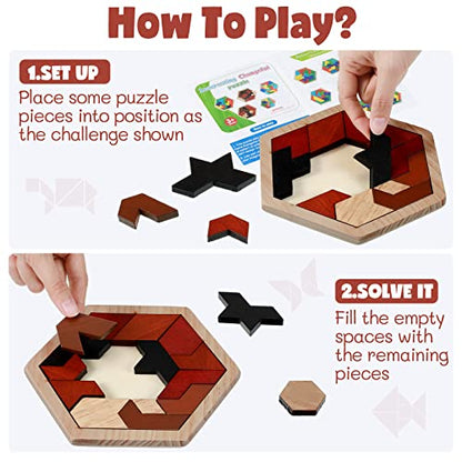 Yunsailing 3 Pack Large Hexagon Tangram Puzzle Wooden Brain Puzzles for Adult Challenge Wood Russian Blocks Brain Teasers Geometric Jigsaw Block Logic Iq Stem Family Graduation Gifts(Vintage) - style: Retro