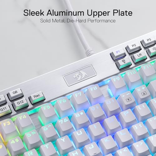 Redragon K550 RGB Gaming Keyboard, 104 Keys + 12 Macro G Keys Wired Mechanical Keyboard w/Aluminum Top Plate, Custom Clicky Purple Switch, Extra USB Port & Wrist Rest - color: White