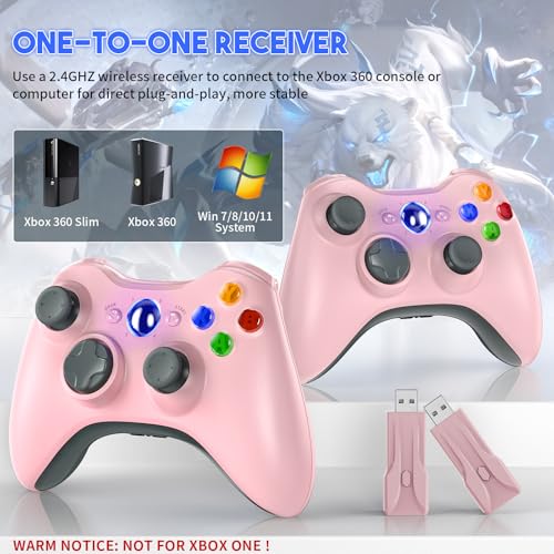 Gamrombo 2 Pack Replacement for Xbox 360 Controller, Wireless Controllers Gamepad Upgraded Joystick Compatible with 360 & Slim, Windows 11/10/8/7 PC Controller with Dual Shock (White+Pink) [microsoft_xbox_360] - color: Pink+White