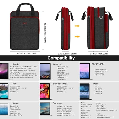 ZINZ Laptop Shoulder Bag 12.3-13 inch Case Sleeve, Expandable Handbag with Valuables Compartment Compatible with MacBook Air/Pro/Neo 13", iPad 12.9"/13"/11", Shockproof,Black-Wine edge - color: Black-wine Edge