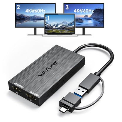 WAVLINK USB 3.0 or USB C to Dual HDMI 4K@60hz Splitter Extended Display for Dual Monitor, Displaylink Adapter Two HDMI 4K 60Hz for Apple Mac M1-M5/Macbook Neo or Windows 10/11,Driver Required