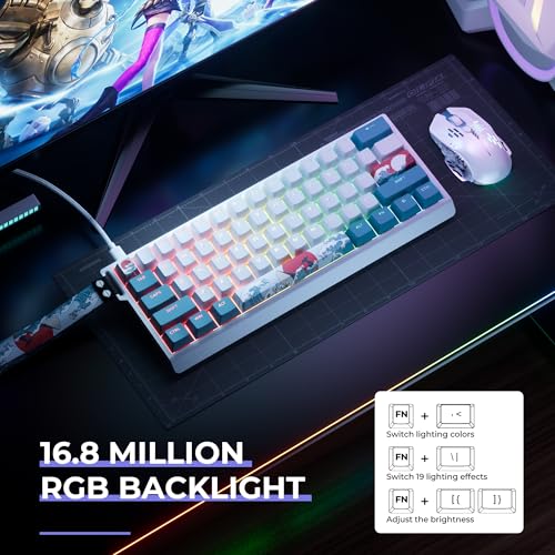 HITIME x XVX 60% Percent Keyboard with Strap, H61 Wired Aluminum Gaming Keyboard, Hot Swappable, Kanagawa Anime PBT Keycaps, RGB Backlit, Cherry Profile, Sound Absorbing Pads, Creamy Linear Switch - color: White Kanagawa