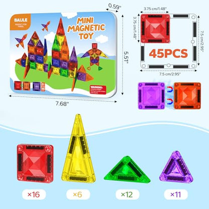 Mini Magnetic Tiles, 45PCS Diamond Pattern Magnetic Tiles Travel Set with Case, Portable Building Toys Creativity Boosting Sensory Toys for Kids Ages 4-8 Toddler Boys Girls Halloween Birthday Gift - style: 45 PCS