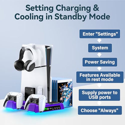 PS5/Slim/Pro Stand and Cooling Station with LED Controller Charging Station for PlayStation 5 Console, Controller Charger, Cooling Stand, PS5/Slim/Pro Skin Accessories Kit with 3 Level Cooler Fan - color: Purple