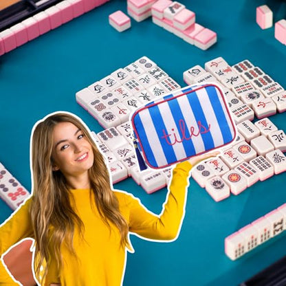 Sanwuta 1 Pcs Mahjong Tile Bag with Zipper,Dark Blue,Striped | Embroidered Mahjong Case for 166 American Mahjong Tiles (1.2") Portable Bags for Board Game Party Gathering Travel - color: Dark Blue, style: Classic