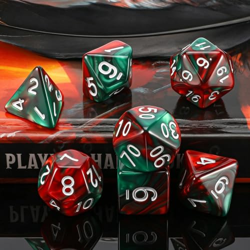 QMAY DND Dice Set - Polyhedral Dice (Red Mix Green) 7 Pcs for Dungeon and Dragons D&D RPG Role Playing Games Dice with Dice Bag - color: Red and Green