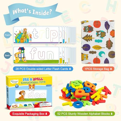 Officygnet Learning Toys for 3 4 5 6 Years Old Boys and Girls, See & Spell CVC Word Builders with Alphabet Cards for Kids Ages 3-5, Matching Letter Game for Preschool Toddler Learning Activities