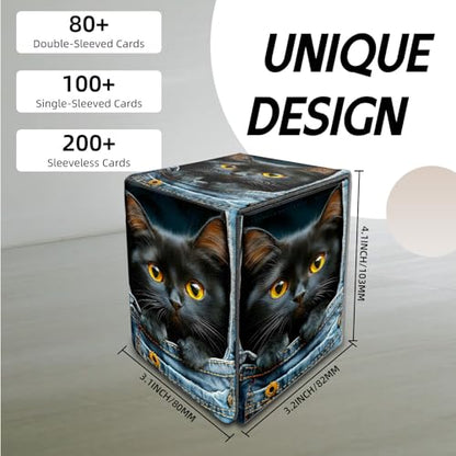 for MTG Deck Box, Trading Card Storage Case Holds 100+ Sleeved Cards, Black Kitten in Denim Pocket Magnetic Closure Durable Deck Holder for Magic The Gathering, TCG & Commander - color: Black Kitten in Denim Pocket