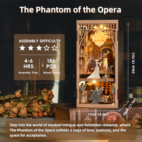 MiniCity Phantom of the Opera DIY Book Nook Kit, Bookshelf Insert with LED | 7.1 x 4.3 x 9.1 in; 186 pieces, LED and dust cover; glue/tools and guide included; 6-8 hr DIY build for display, ages 14+. - style: Phantom of The Opera