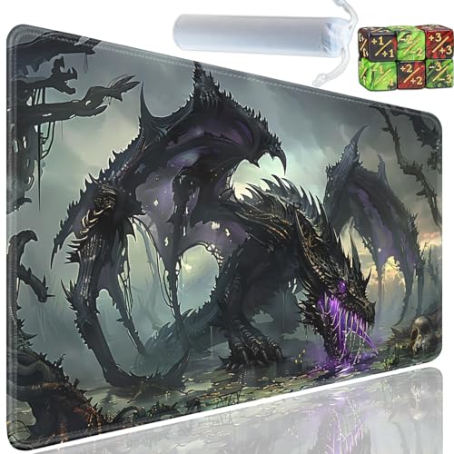 Playmat for MTG, 24x14 Inches Playmats, for TCG and CCG Trading Card Game Mat, Non-Slip Rubber for MTG Playmats with A Storage Bag and 6 Dice Set, Dark Venom Dragon Pattern - color: Yu-Playmat-1-C72