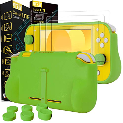 Orzly Green Comfort Grip Case, Thumb Grips, & 4 Pack of Glass Screen Protectors for Switch Lite - Bundle