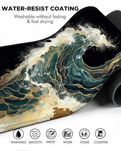 Mouse Pad, Desk Mat, 31.5x11.8in Large Mousepad, Blue Gold Waves | Desk Pad with Stitched Edge & Rubber Non-Slip Bottom, Gaming Mouse Pad, Extended Mousepad for Home, Office - color: Blue Gold Waves