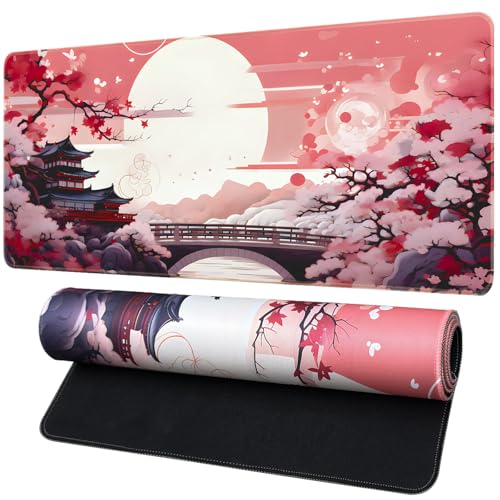 FreeNook Japanese Large Gaming Mouse Pad 35.4 x 15.7 in Computer Mouse Pad Anime Gaming Mousepad, Expanded Architecture Cute Desk Pad with Nop-Slip Suitable for Home Office - color: Cherry Tree, size: 35.4L x 15.7W inches
