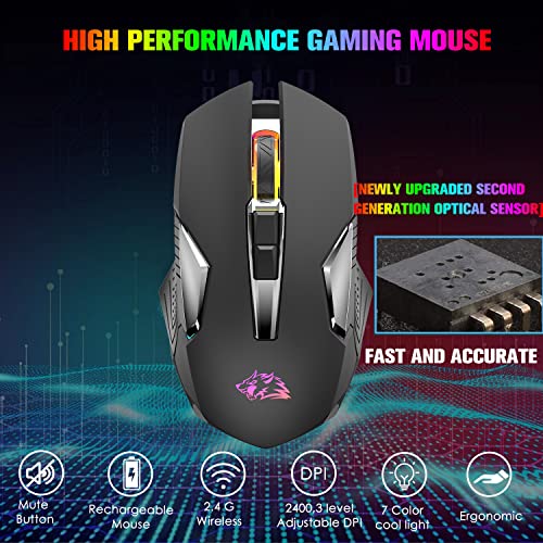 FELICON Wrieless Gaming Mouse, Silent Rechargeable Optical Sensor 3 Level DPI Computer Mice, Computer Wrieless Mouse with 7 Color LED Light for Windows/Mac/Linux/PC/Laptop(Black) - color: Black
