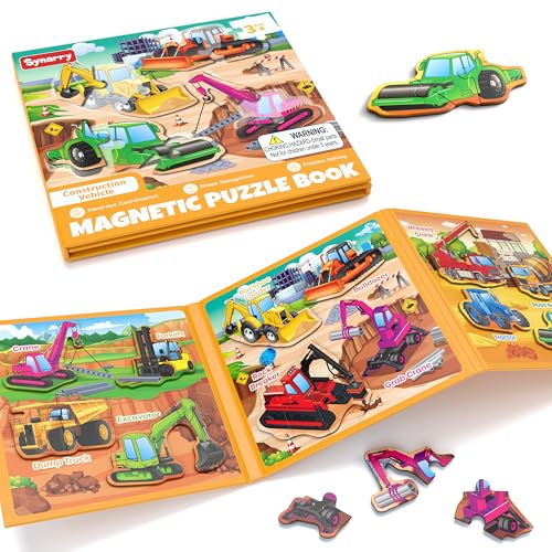 SYNARRY Construction Vehicle Toys Magnetic Puzzles for Kids Ages 3-5 | Magnetic Travel Puzzle for Kids Ages 4-6, Car Airplane Road Trip Activities, Construction Vehicle Excavator Birthday Gifts