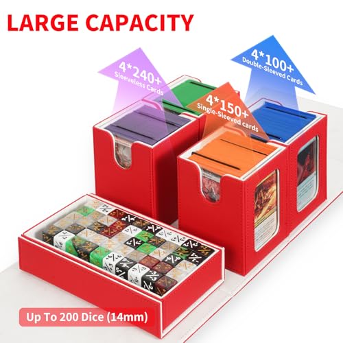 AFIING Commander Deck Box for MTG/EDH, Fits 400+ Double-Sleeved Cards, with Display Window, 4 Removable Deck Cases, Dividers, Dice Tray & Handle, Card Holders for TCG (White Red) - color: White Red
