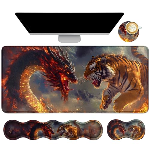 4-in-1 Gaming Desk Mat Set with Memory Foam Keyboard and Mouse Wrist Rest, Large Extended Mousepad (31.5"x11.8") & Cup Coaster, Ergonomic Desk Pad Protector for Office Home Gamer, Dragon Lion - color: 010cg, size: 4Pcs Memory Foam Pad
