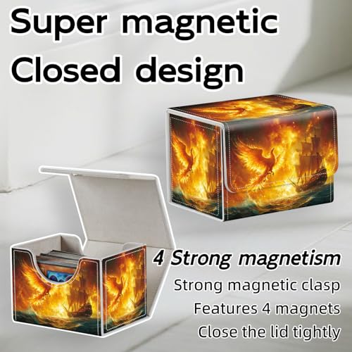 Trading Card Storage Box, Holds 100+ for MTG Cards, PU Leather with Magnetic Closure, Phoenix and Sailing Ship in Fiery Sky Durable Deck Box for Magic the Gathering, Trading Card Games - color: Phoenix and Sailing Ship in Fiery Sky