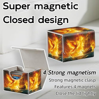 Trading Card Storage Box, Holds 100+ for MTG Cards, PU Leather with Magnetic Closure, Phoenix and Sailing Ship in Fiery Sky Durable Deck Box for Magic the Gathering, Trading Card Games - color: Phoenix and Sailing Ship in Fiery Sky
