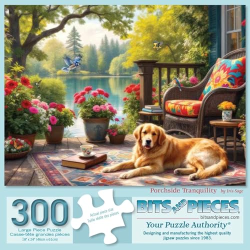 Bits and Pieces 300 Piece Puzzles for Adults - Porchside Tranquility - 300 Large Pieces 18" x 24" Jigsaw Puzzles, Golden Retriever Dog Lake, No 2 Pieces Alike - size: 300 Piece Puzzle