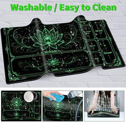 Playmat for MTG with Zones, 24 x 14 Inch Card Game Mat, Stitched Edges, Non Slip Rubber Base, 2mm Washable Play Mat with Storage Bag, Lotus Flower Design, Green Color - color: Green