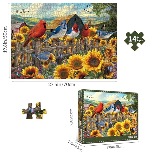 HUADADA-Sunflower Birds-Jigsaw Puzzles for Adults 1000 Pieces, Interlock Perfectly No Dust, Impossible Difficult Hard Fun 1000 Piece Jigsaw Puzzles for Adults-1:1 Poster - color: Sunflower Birds
