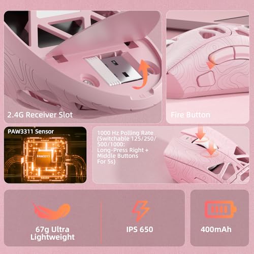 Aula SC620 Wireless Gaming Mouse, Tri-Mode 2.4GHz/USB-C/BT5.3 Computer Mouse with 12000 DPI, Programmable Macro Gamer Mouse with Rapid Fire Key, RGB Light Gaming Mice for PC/Laptop/Mac (Line Pink) - color: Line pink