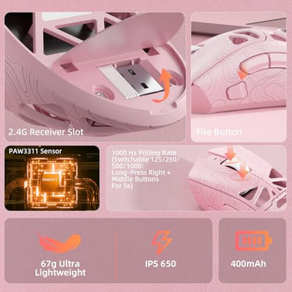 Aula SC620 Wireless Gaming Mouse, Tri-Mode 2.4GHz/USB-C/BT5.3 Computer Mouse with 12000 DPI, Programmable Macro Gamer Mouse with Rapid Fire Key, RGB Light Gaming Mice for PC/Laptop/Mac (Line Pink) - color: Line pink