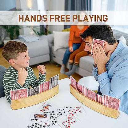 LotFancy Playing Card Holders for Kids Adults Seniors, Set of 4, 3-Tier Curved Wooden Card Holder for Family Card Game Night, Canasta, Bridge, Poker Parties, Hands Free - style: 4-Pack