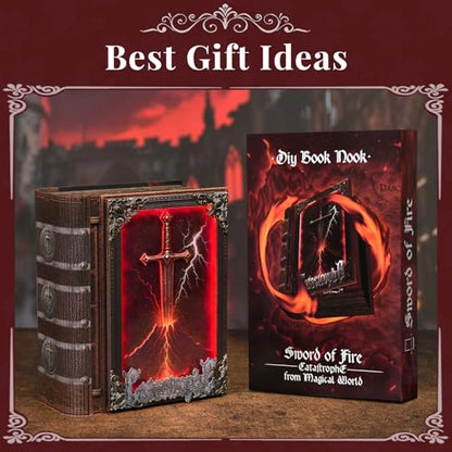MiniCity Sword of Fire Book Nook Kit, 3D Wooden Bookshelf Puzzle with LED | 255-piece book-style DIY kit with LED and dust cover; glue/tools and guide included; 4-6 hr build for shelf decor, ages 14+. - style: The Sword of Fire