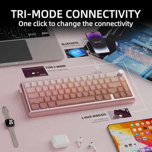 KY65 Wireless Mechanical Keyboard,65% Gasket Hot Swappable Custom Keyboard,RGB Backlit,Pre-lubed Gateron Switches,Side Printed PBT Keycaps,2.4GHz/TYPE-C/BT5.0 Mechanical Gaming Keyboards, Pink&Brown