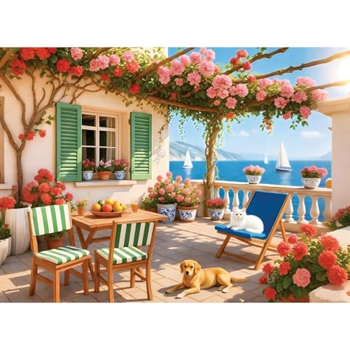 500 Piece Puzzles for Adults, Cozy Seaside Terrace Scene Jigsaw Puzzles with Dog and Cat, Relaxing 500 Piece Puzzle, Perfect for Family Time, Wall Decor, Gift for Adults, Seniors, 20.5 x 15 in - style: TERRACE