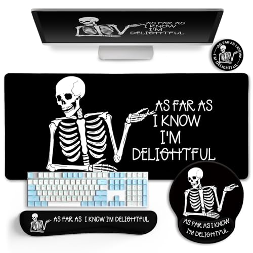 LIMKRIAN Ergonomic Mouse Pad with Wrist Rest Desk Mat Set, Skeleton Decor | Large Gaming Mouse Pads, Computer Keyboard Mat Wrist Support, Coaster, Funny Skull Office Desk Accessories Supplies - color: XXL-Funny Skull Set