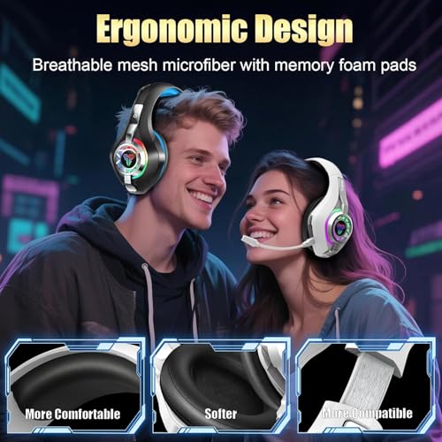 2.4GHz Wireless Gaming Headsets for PS5/PS4/Switch, New RGB Bluetooth 5.4 Noise Cancelling Gaming Headphones with 7.1 Surround Sound, 40mm Drivers, 276g Ultraligero, Memory Foam, 40Hrs Audífonos Gamer - color: White