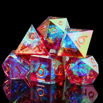 Laser DND Rainbow Dice Set Dungeons and Dragons Dice with Iridescent Iconic Coating, Polyhedral Dice with Resin Sharp Edge for RPG, MTG Table Games （red Sunset） - color: Rainbow-red Sunset
