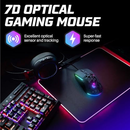 Neptune Blade Ergonomic Lightweight LED Gaming Mouse | Wired USB Corded Mouse with Backlight Effects (Black)