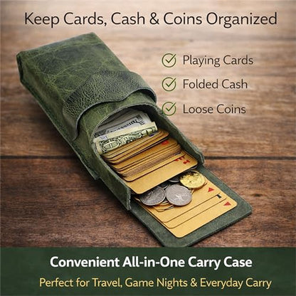 Leather Playing Card Case – Full Grain Leather Deck Holder for Poker Cards, Travel Card Deck Box Organizer with Strap Closure for Poker, Bridge, Magicians & Game Night - color: Green
