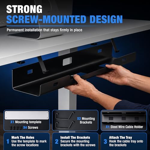 Under Desk Cable Management Tray 23.6" – Steel Wire Cable Holder Organizer for Work from Home, Office & Gaming Setup
