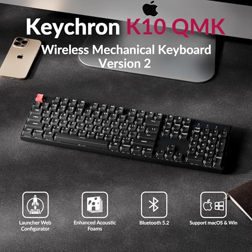Keychron K10 Version 2 Full Size 104 Keys Bluetooth Wireless Mechanical Gaming Keyboard for Mac Windows Super Brown Switch White LED Backlight/USB C Wired Computer Keyboard - color: K10 Version 2 - Brown Switch