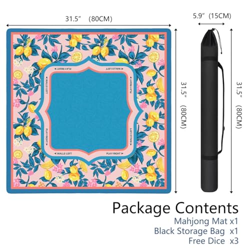 Blue Mahjong Mat for Table, 31.5*31.5in Anti Slip American Mahjong Table Cloth, Noise Reduction, Neoprene Mah jongg Mat with Carrying Bag & 3 Dices, Mahjong Set Gift, Board Tile Games Mats, Lemon Tree - color: Lemon Tree3