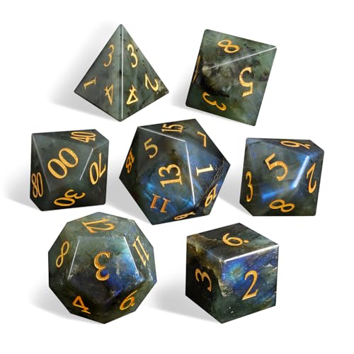 LUCKY-M Labradorite Gemstone DND Dice Set, 7 PCS Dungeons and Dragons Dice with Case for RPG, Unique Stone Dice Set D&D D4 D6 D8 D10 D00 D12 D20(LD-Gold) - color: Ld-gold