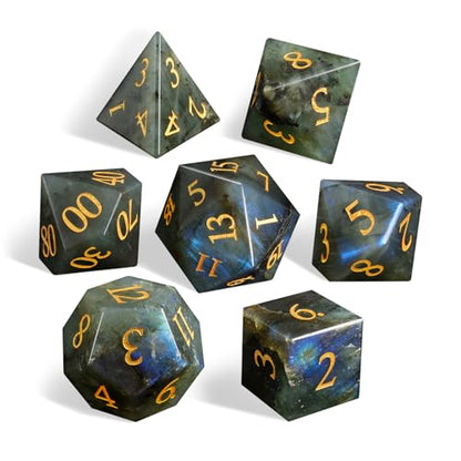 LUCKY-M Labradorite Gemstone DND Dice Set, 7 PCS Dungeons and Dragons Dice with Case for RPG, Unique Stone Dice Set D&D D4 D6 D8 D10 D00 D12 D20(LD-Gold) - color: Ld-gold